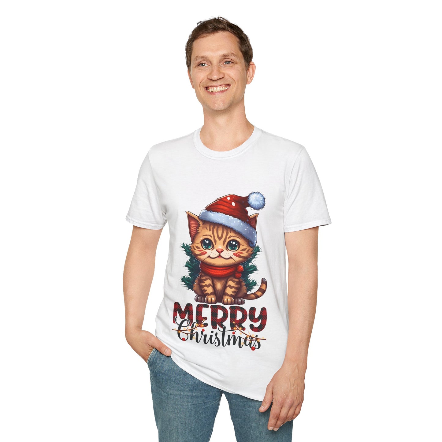 Merry Christmas Cat Unisex Softstyle T-Shirt – Perfect Holiday Tee for Cat Lovers