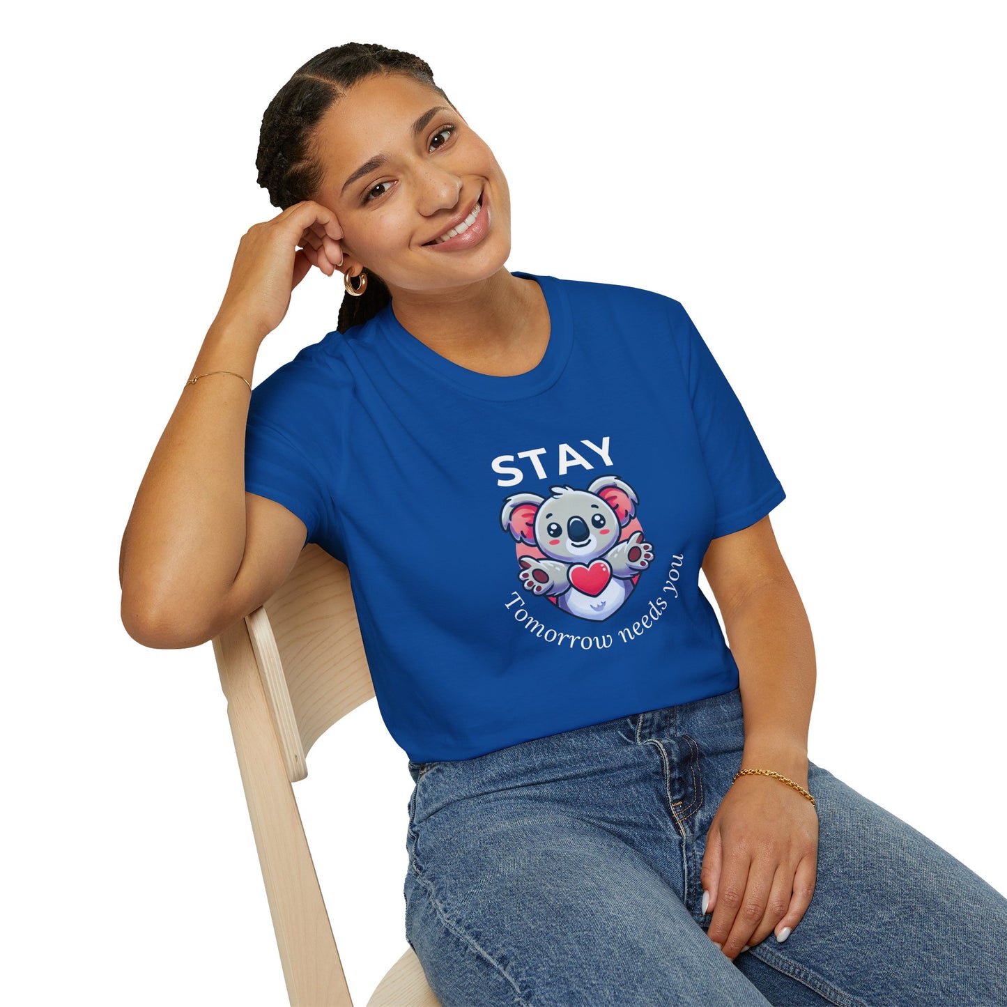 Stay – Tomorrow Needs You Koala Unisex T-Shirt – Softstyle Graphic Tee for Self-Care and Positivity