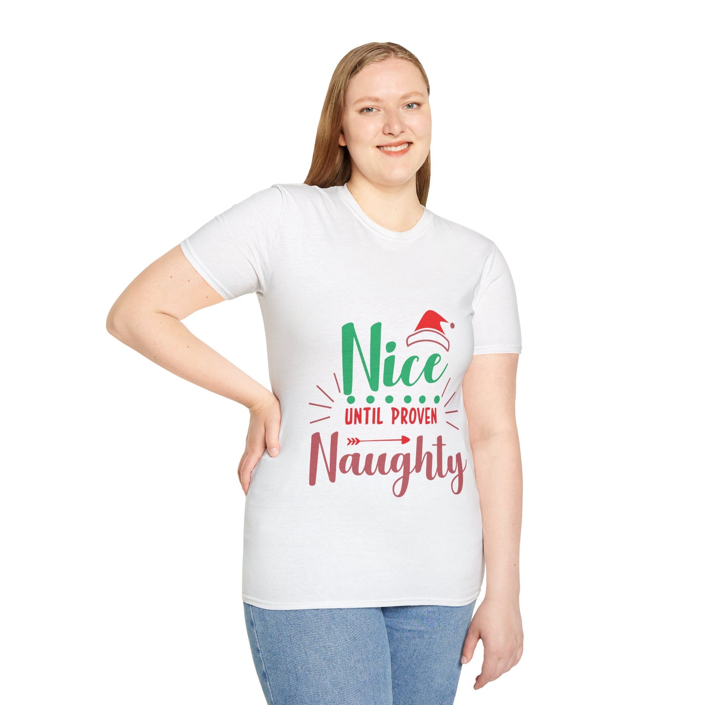 Funny Holiday T-Shirt – 'Nice Until Proven Naughty' Unisex Softstyle Tee | Perfect Christmas Gift
