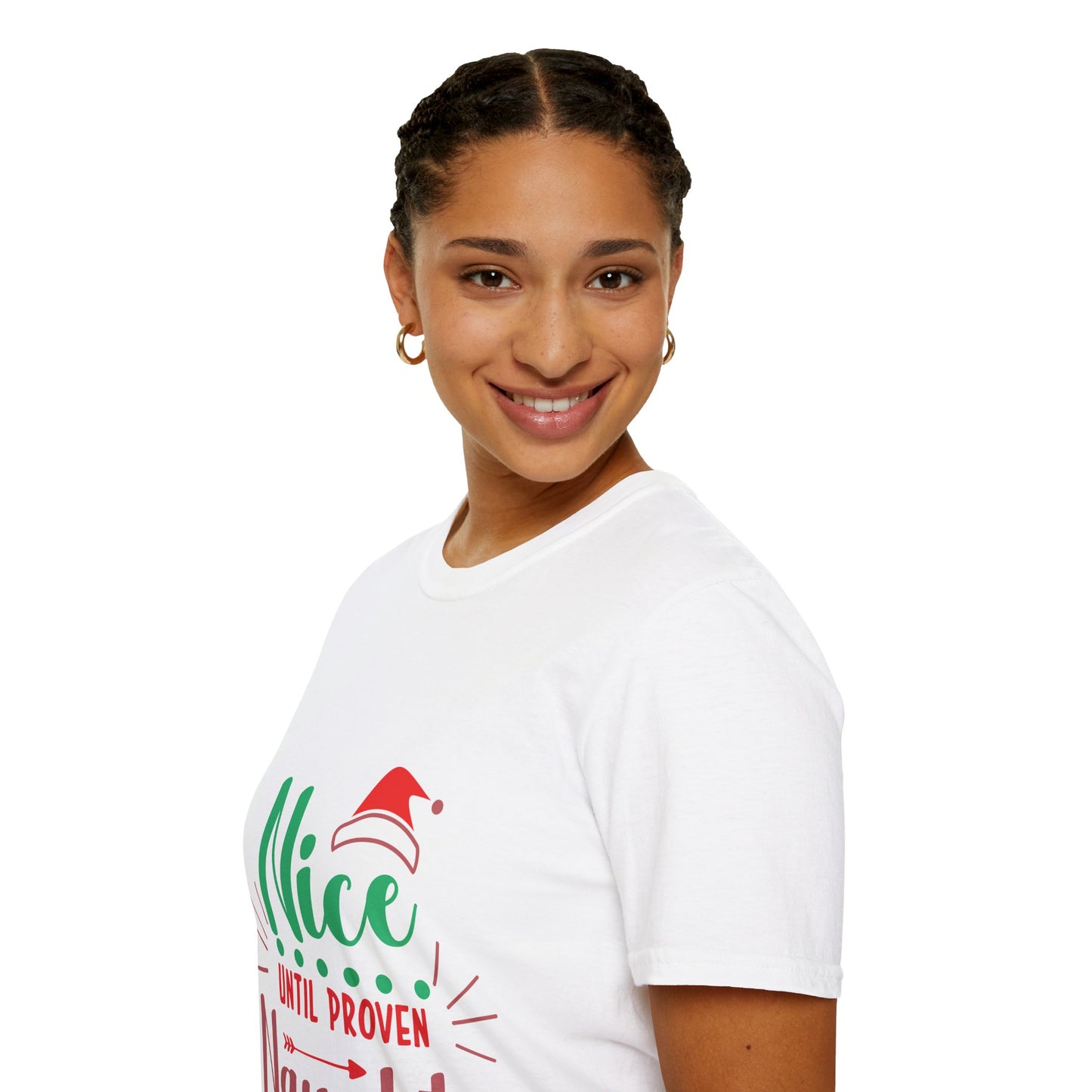 Funny Holiday T-Shirt – 'Nice Until Proven Naughty' Unisex Softstyle Tee | Perfect Christmas Gift