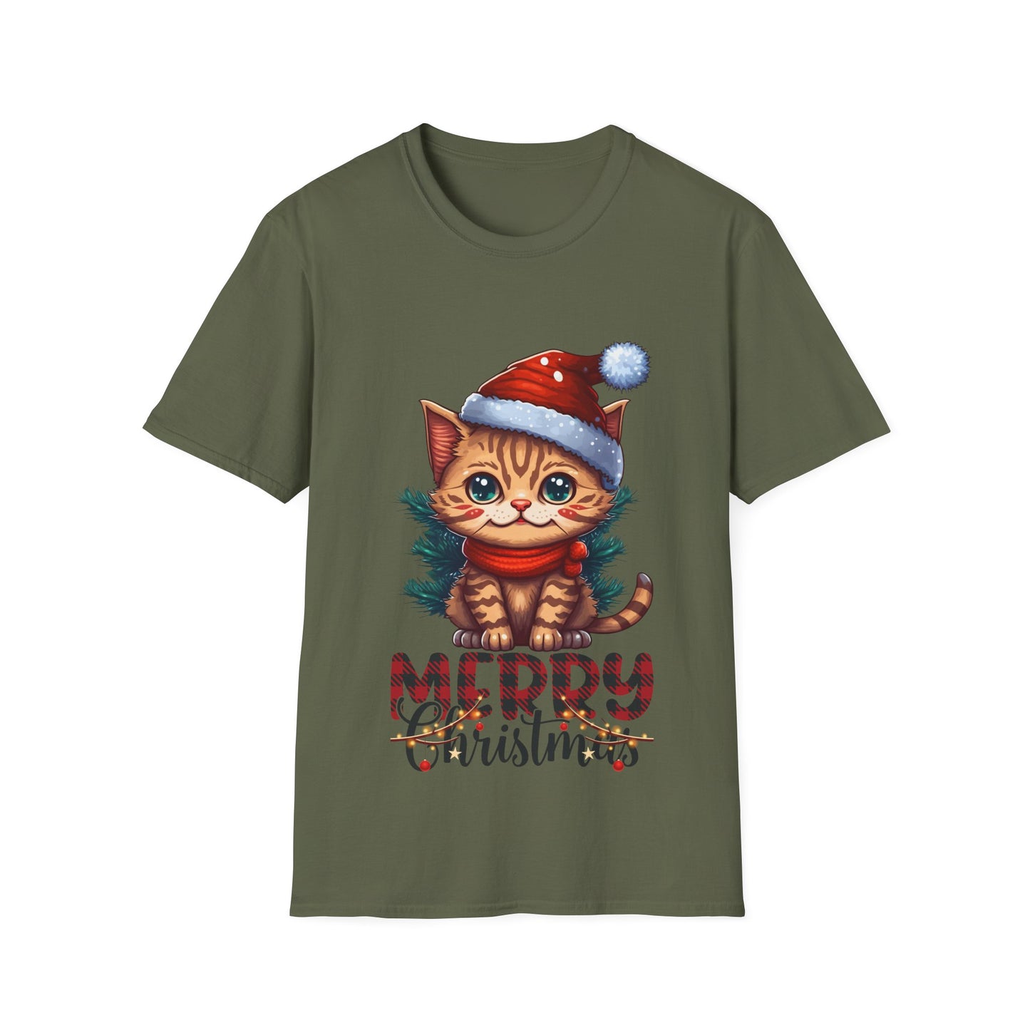 Merry Christmas Cat Unisex Softstyle T-Shirt – Perfect Holiday Tee for Cat Lovers