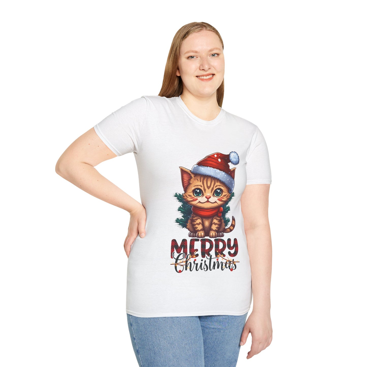 Merry Christmas Cat Unisex Softstyle T-Shirt – Perfect Holiday Tee for Cat Lovers
