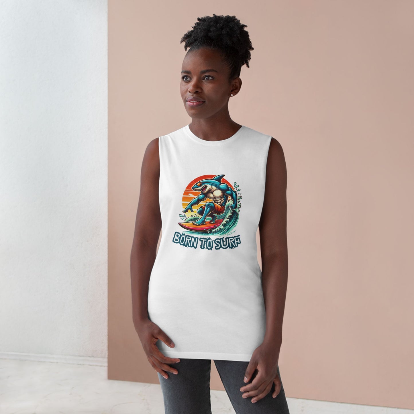 Born To Surf Unisex Tank – Fun Shark Surfing Design for Active Wear