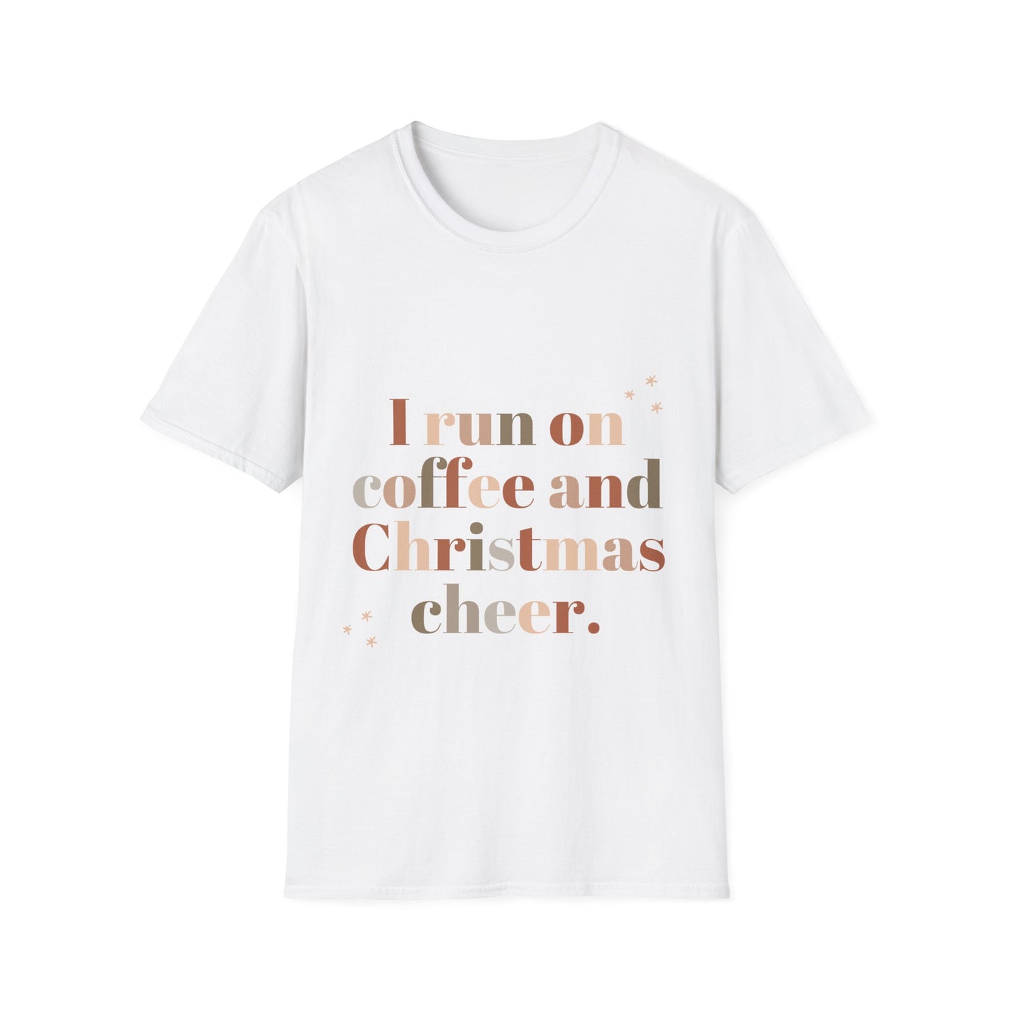 I Run on Coffee and Christmas Cheer Unisex Softstyle T-Shirt – Perfect Holiday Tee for Coffee Lovers & Christmas Enthusiasts