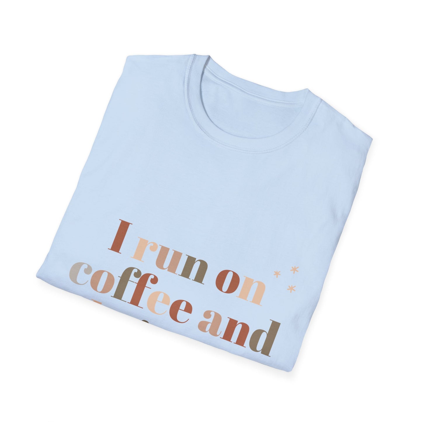 I Run on Coffee and Christmas Cheer Unisex Softstyle T-Shirt – Perfect Holiday Tee for Coffee Lovers & Christmas Enthusiasts