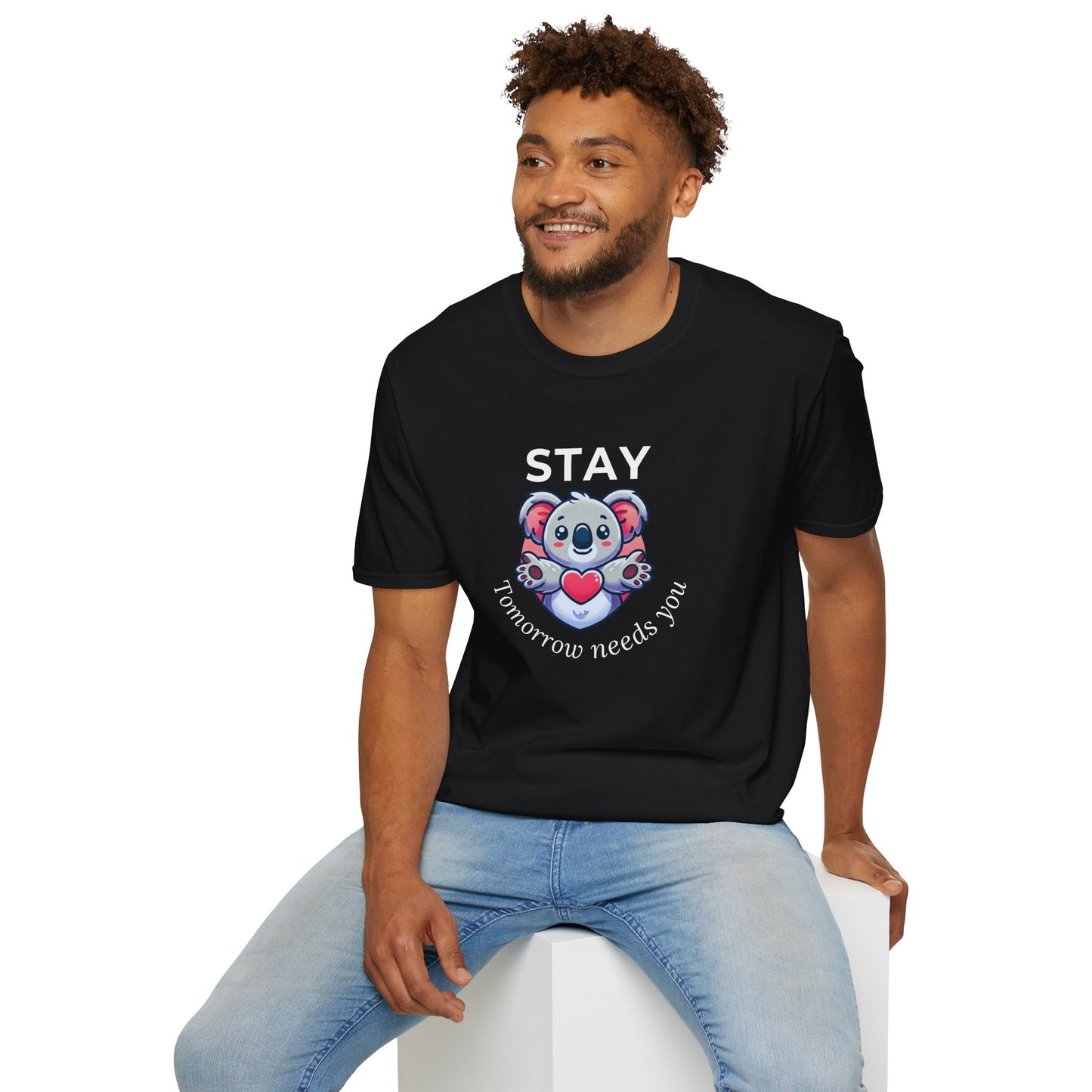 Stay – Tomorrow Needs You Koala Unisex T-Shirt – Softstyle Graphic Tee for Self-Care and Positivity