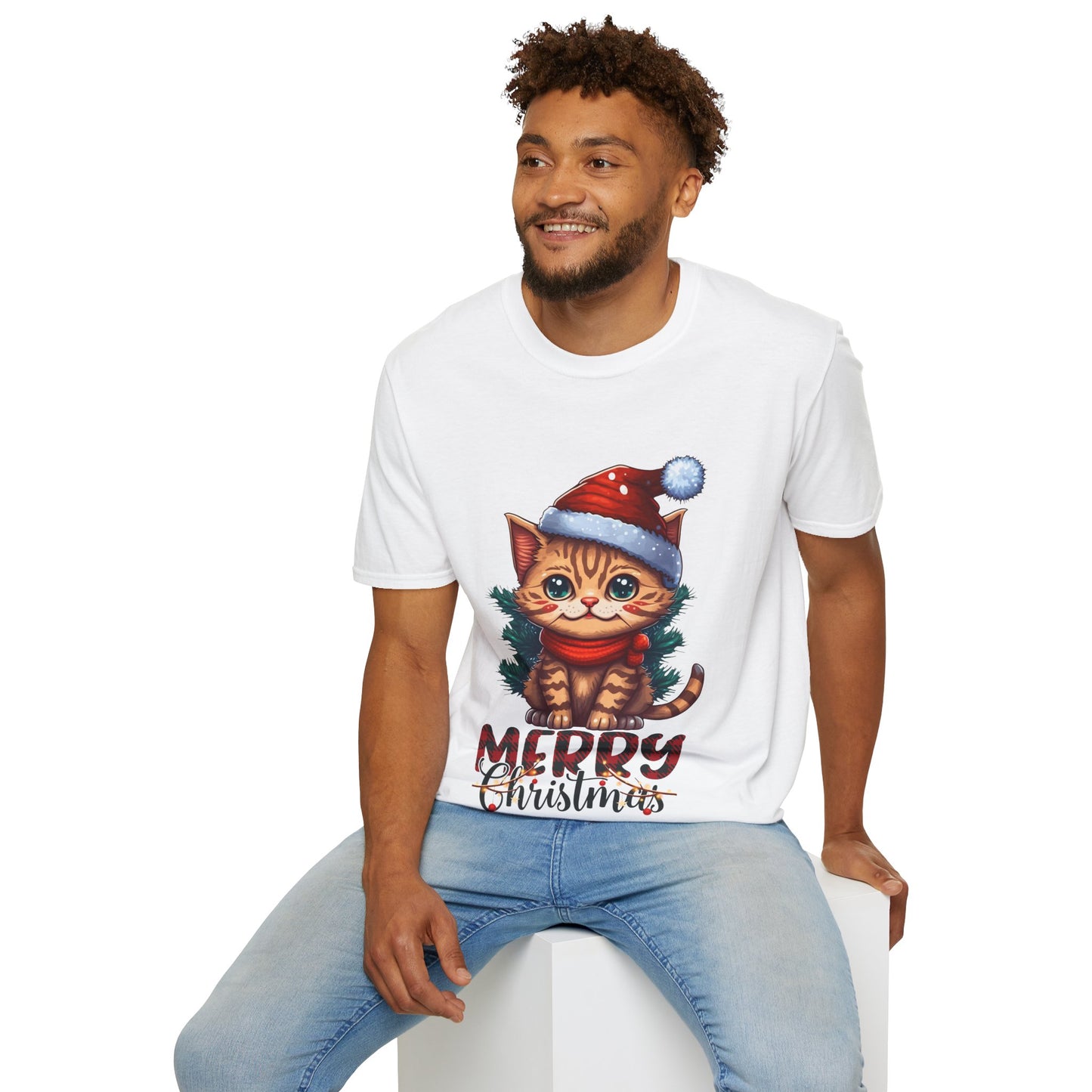 Merry Christmas Cat Unisex Softstyle T-Shirt – Perfect Holiday Tee for Cat Lovers