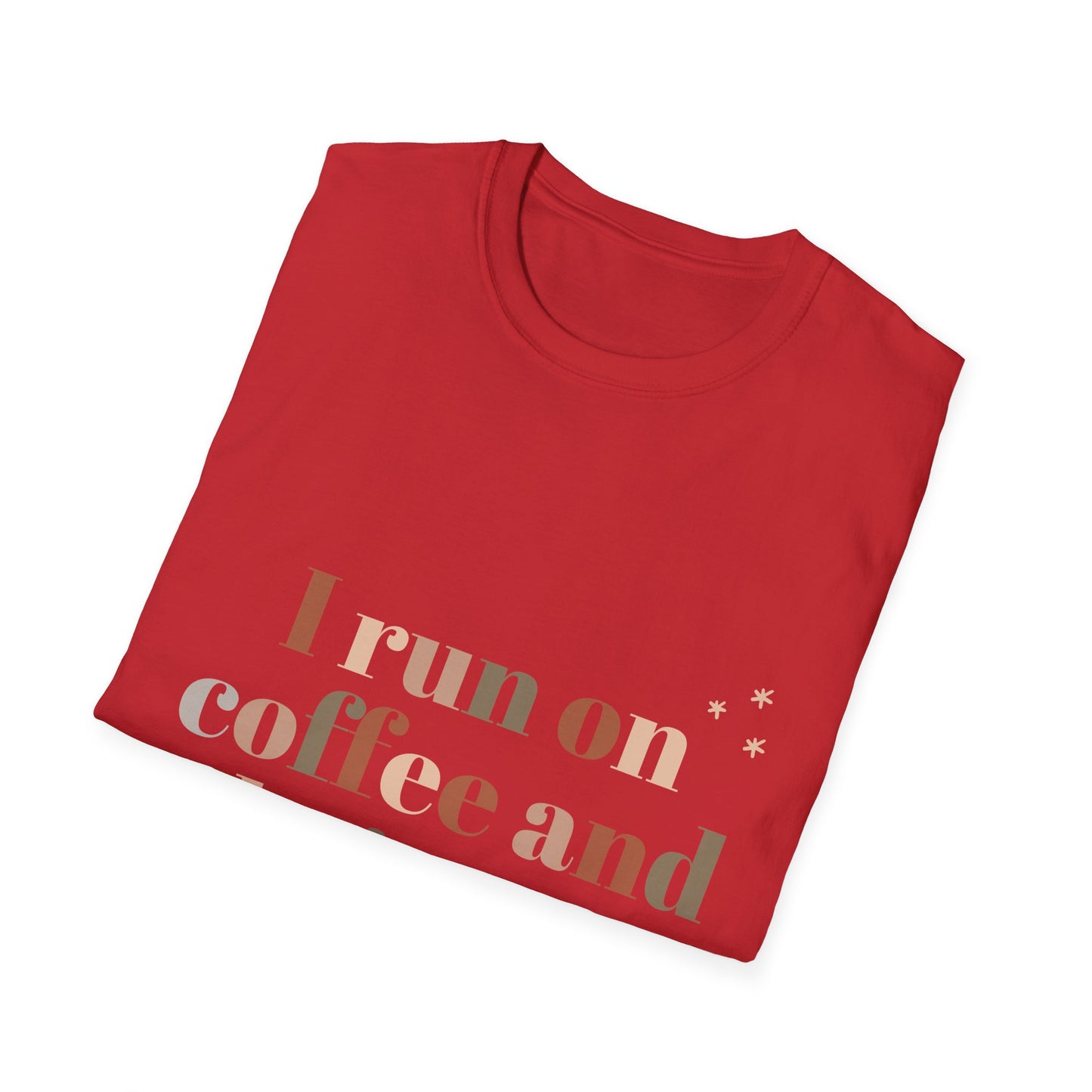 I Run on Coffee and Christmas Cheer Unisex Softstyle T-Shirt – Perfect Holiday Tee for Coffee Lovers & Christmas Enthusiasts