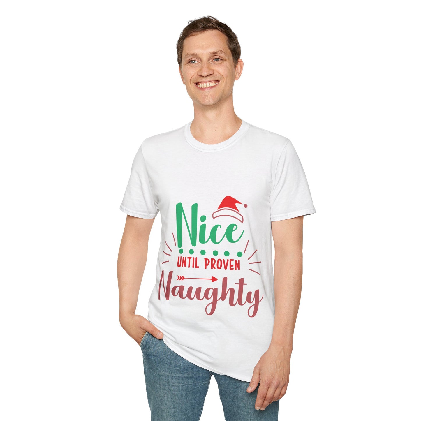 Funny Holiday T-Shirt – 'Nice Until Proven Naughty' Unisex Softstyle Tee | Perfect Christmas Gift