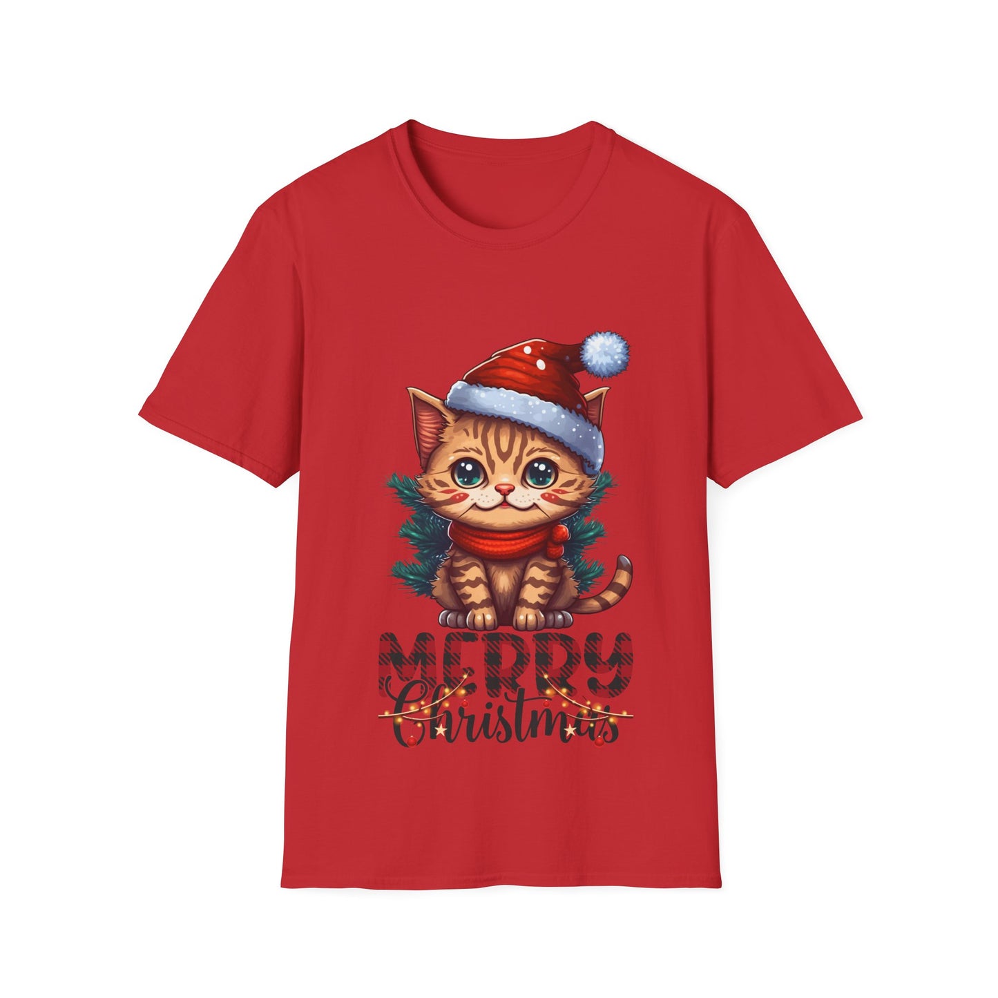 Merry Christmas Cat Unisex Softstyle T-Shirt – Perfect Holiday Tee for Cat Lovers