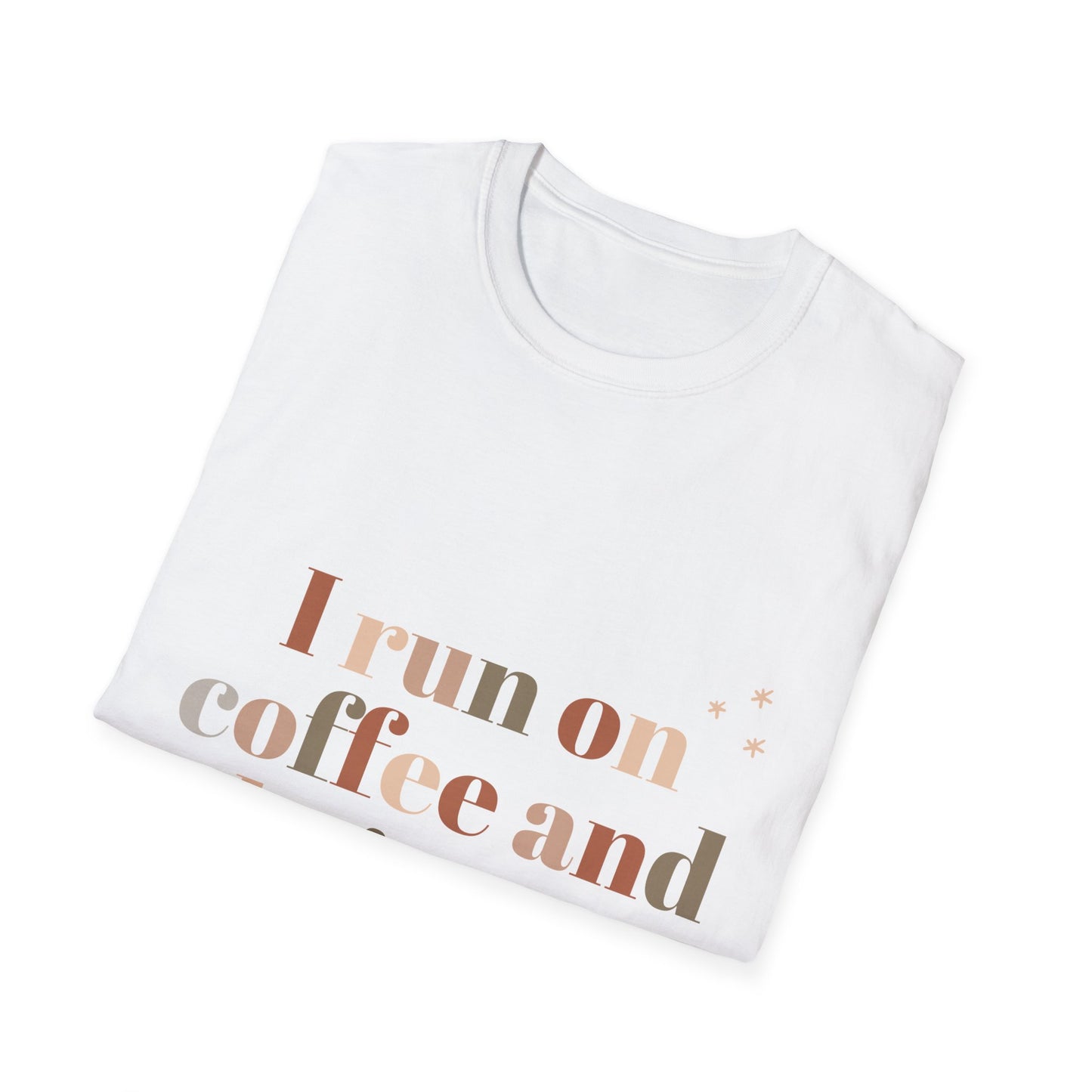 I Run on Coffee and Christmas Cheer Unisex Softstyle T-Shirt – Perfect Holiday Tee for Coffee Lovers & Christmas Enthusiasts