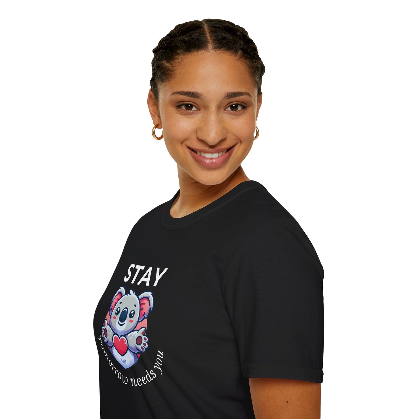 Stay – Tomorrow Needs You Koala Unisex T-Shirt – Softstyle Graphic Tee for Self-Care and Positivity