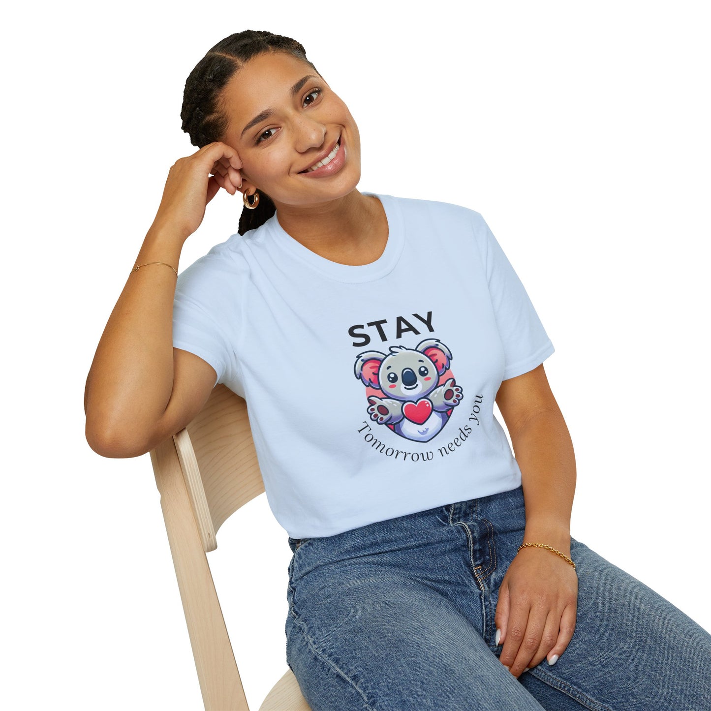 Stay – Tomorrow Needs You Koala Unisex T-Shirt – Softstyle Graphic Tee for Self-Care and Positivity