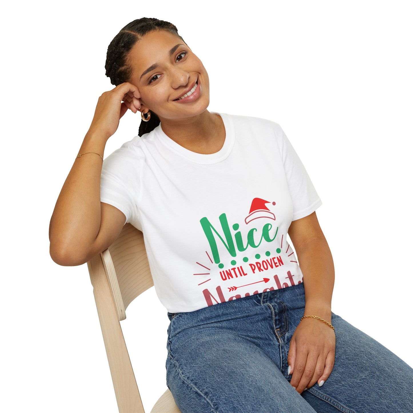 Funny Holiday T-Shirt – 'Nice Until Proven Naughty' Unisex Softstyle Tee | Perfect Christmas Gift