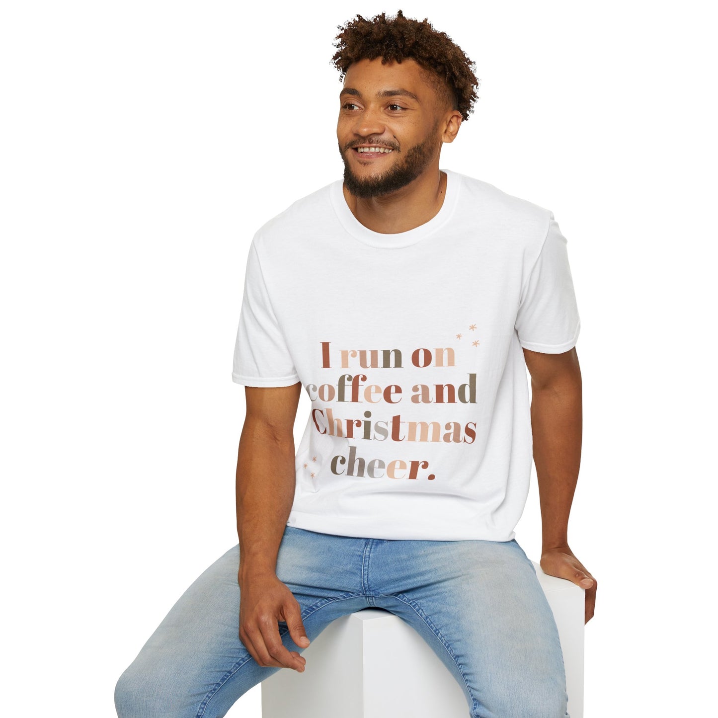 I Run on Coffee and Christmas Cheer Unisex Softstyle T-Shirt – Perfect Holiday Tee for Coffee Lovers & Christmas Enthusiasts