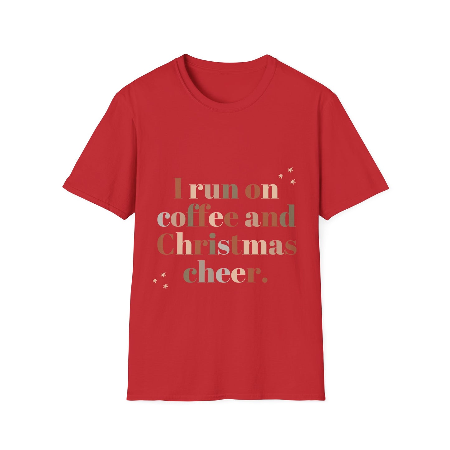 I Run on Coffee and Christmas Cheer Unisex Softstyle T-Shirt – Perfect Holiday Tee for Coffee Lovers & Christmas Enthusiasts