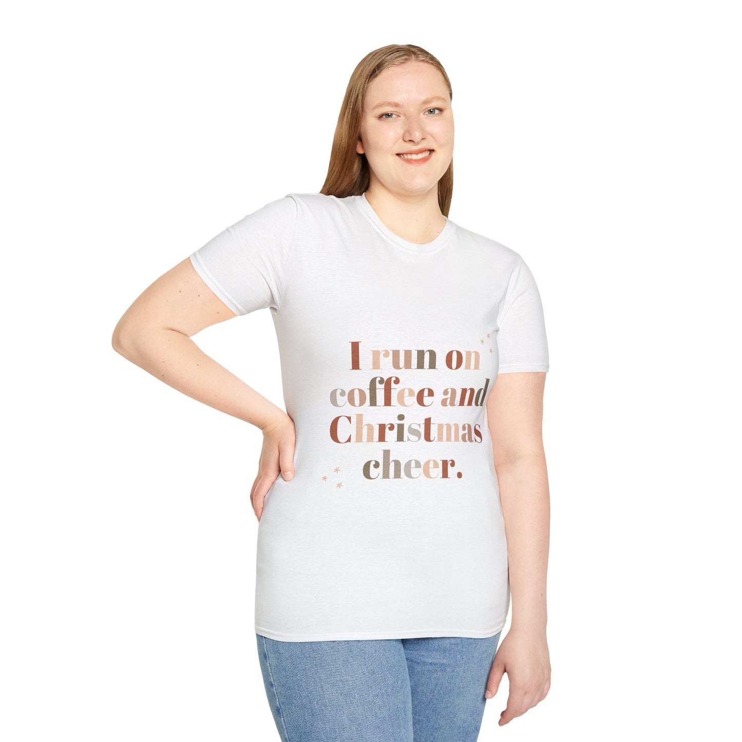 I Run on Coffee and Christmas Cheer Unisex Softstyle T-Shirt – Perfect Holiday Tee for Coffee Lovers & Christmas Enthusiasts