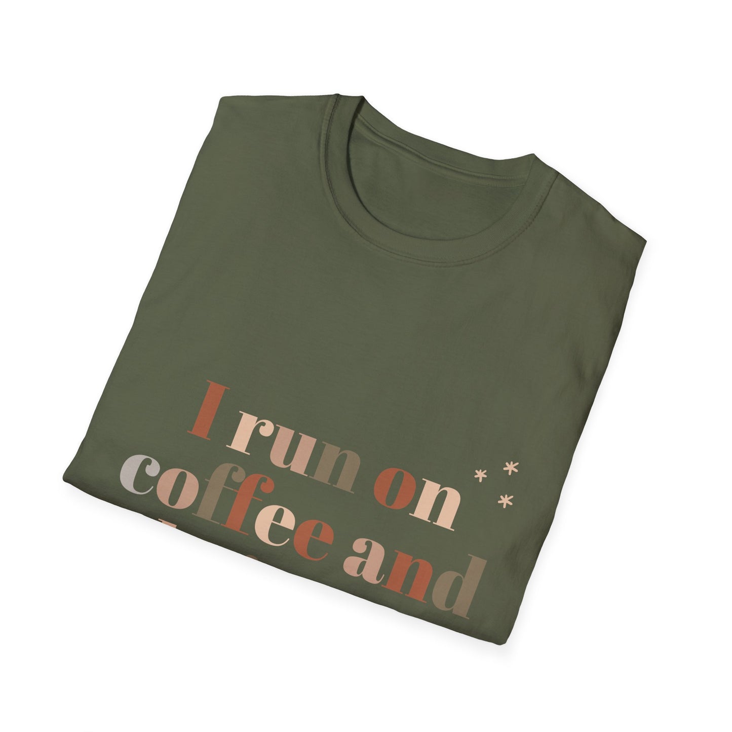 I Run on Coffee and Christmas Cheer Unisex Softstyle T-Shirt – Perfect Holiday Tee for Coffee Lovers & Christmas Enthusiasts