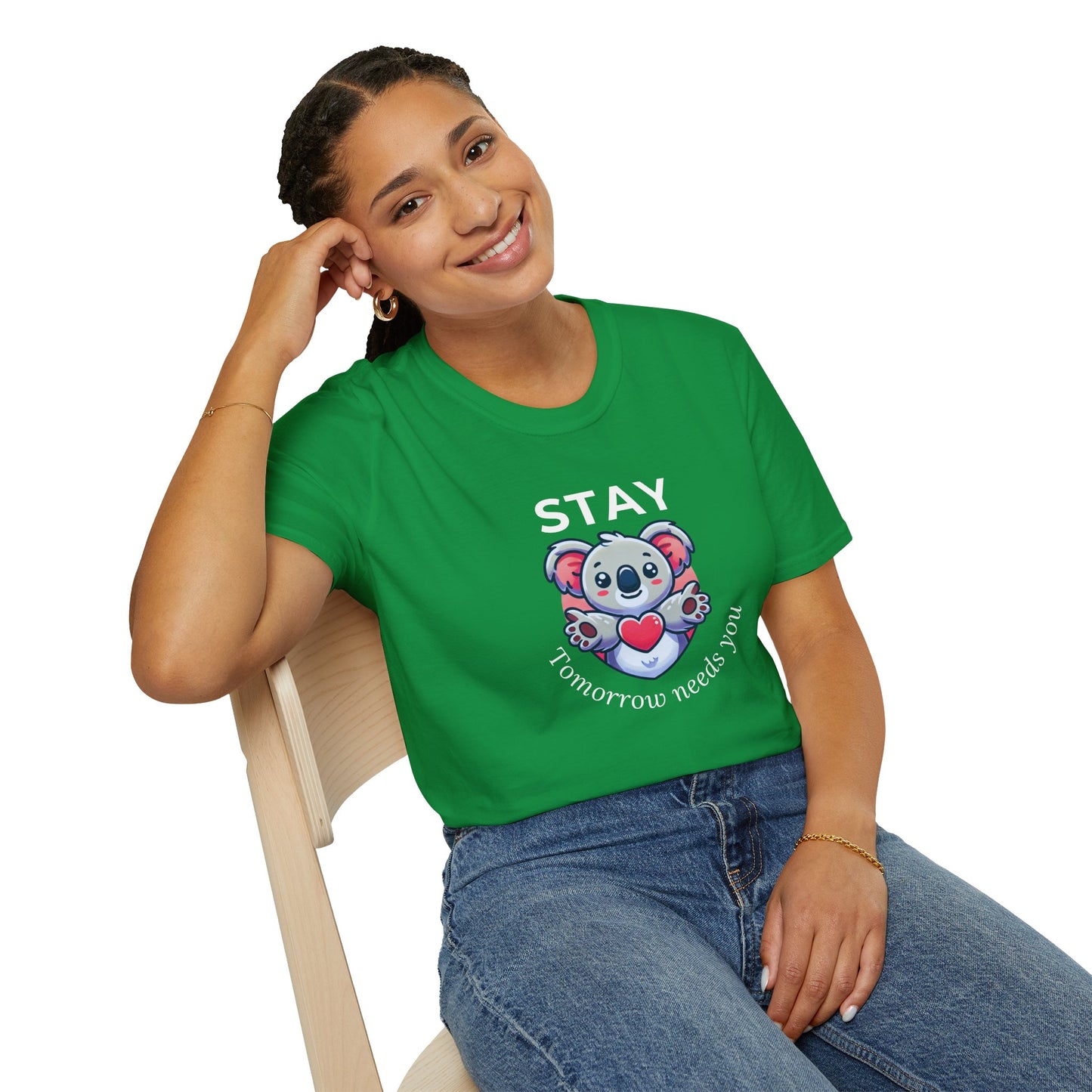 Stay – Tomorrow Needs You Koala Unisex T-Shirt – Softstyle Graphic Tee for Self-Care and Positivity