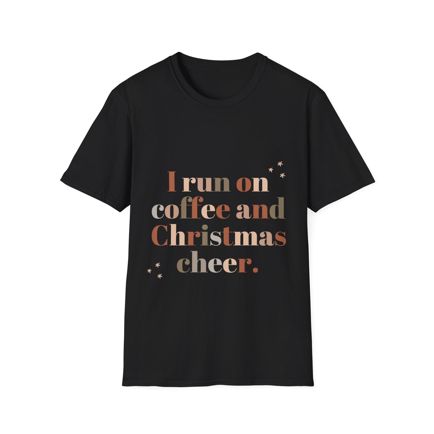 I Run on Coffee and Christmas Cheer Unisex Softstyle T-Shirt – Perfect Holiday Tee for Coffee Lovers & Christmas Enthusiasts