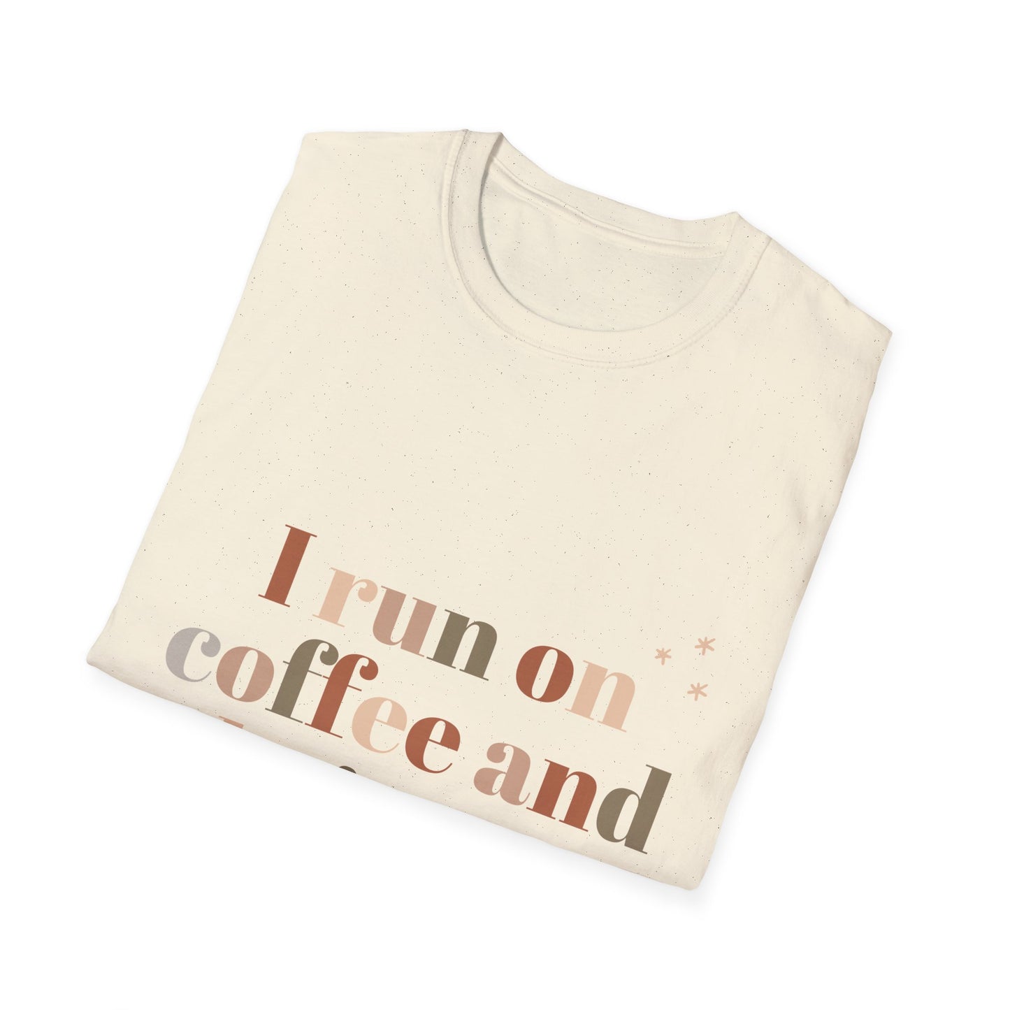 I Run on Coffee and Christmas Cheer Unisex Softstyle T-Shirt – Perfect Holiday Tee for Coffee Lovers & Christmas Enthusiasts
