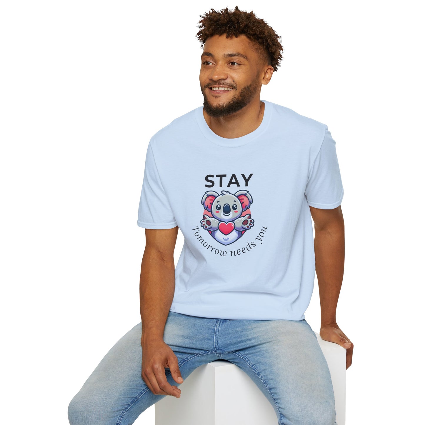 Stay – Tomorrow Needs You Koala Unisex T-Shirt – Softstyle Graphic Tee for Self-Care and Positivity