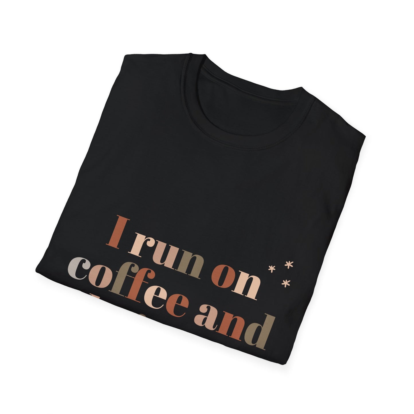 I Run on Coffee and Christmas Cheer Unisex Softstyle T-Shirt – Perfect Holiday Tee for Coffee Lovers & Christmas Enthusiasts
