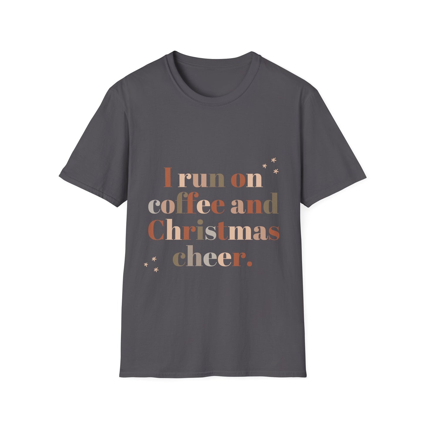 I Run on Coffee and Christmas Cheer Unisex Softstyle T-Shirt – Perfect Holiday Tee for Coffee Lovers & Christmas Enthusiasts
