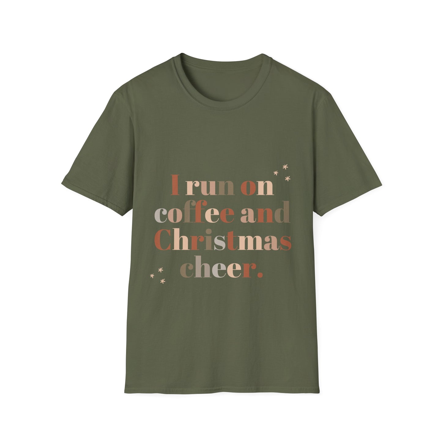 I Run on Coffee and Christmas Cheer Unisex Softstyle T-Shirt – Perfect Holiday Tee for Coffee Lovers & Christmas Enthusiasts
