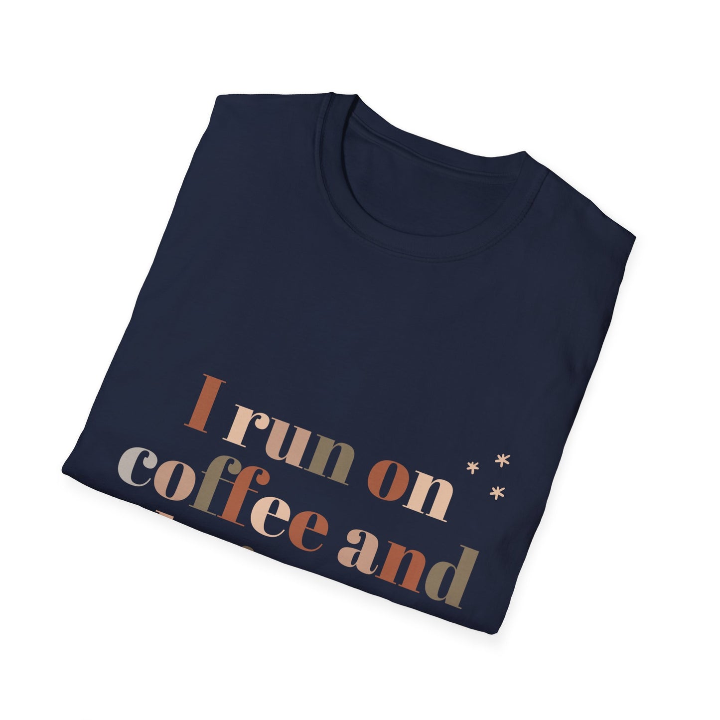 I Run on Coffee and Christmas Cheer Unisex Softstyle T-Shirt – Perfect Holiday Tee for Coffee Lovers & Christmas Enthusiasts