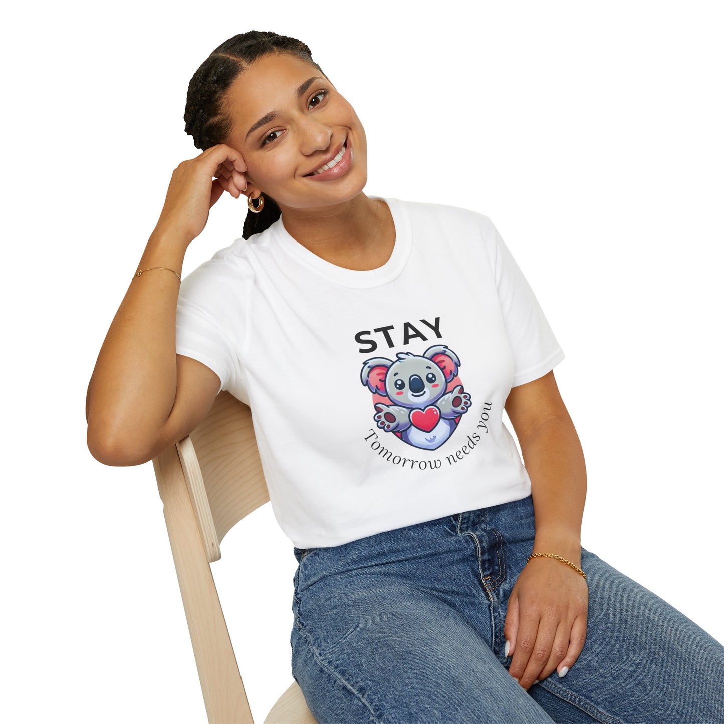 Stay – Tomorrow Needs You Koala Unisex T-Shirt – Softstyle Graphic Tee for Self-Care and Positivity
