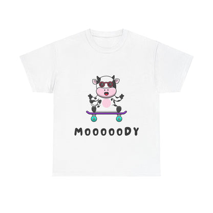 Moooody Cow Skateboarder T-Shirt – Fun and Playful Youth Tee