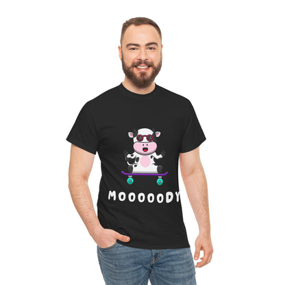 Moooody Cow Skateboarder T-Shirt – Fun and Playful Youth Tee