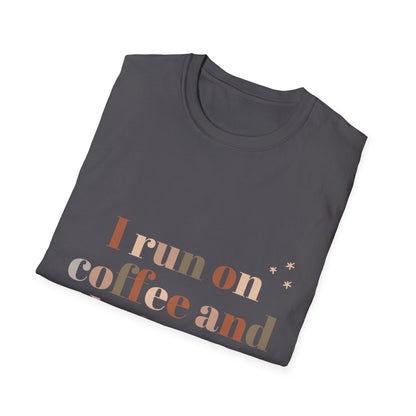 I Run on Coffee and Christmas Cheer Unisex Softstyle T-Shirt – Perfect Holiday Tee for Coffee Lovers & Christmas Enthusiasts