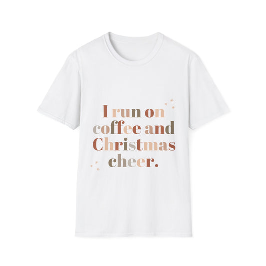 I Run on Coffee and Christmas Cheer Unisex Softstyle T-Shirt – Perfect Holiday Tee for Coffee Lovers & Christmas Enthusiasts