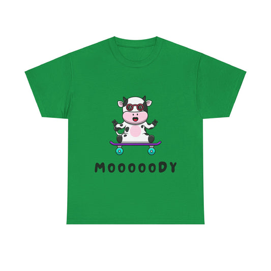 Moooody Cow Skateboarder T-Shirt – Fun and Playful Youth Tee