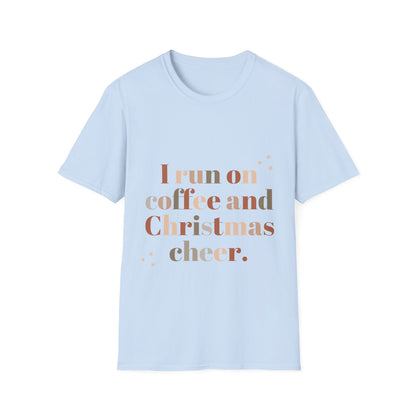 I Run on Coffee and Christmas Cheer Unisex Softstyle T-Shirt – Perfect Holiday Tee for Coffee Lovers & Christmas Enthusiasts