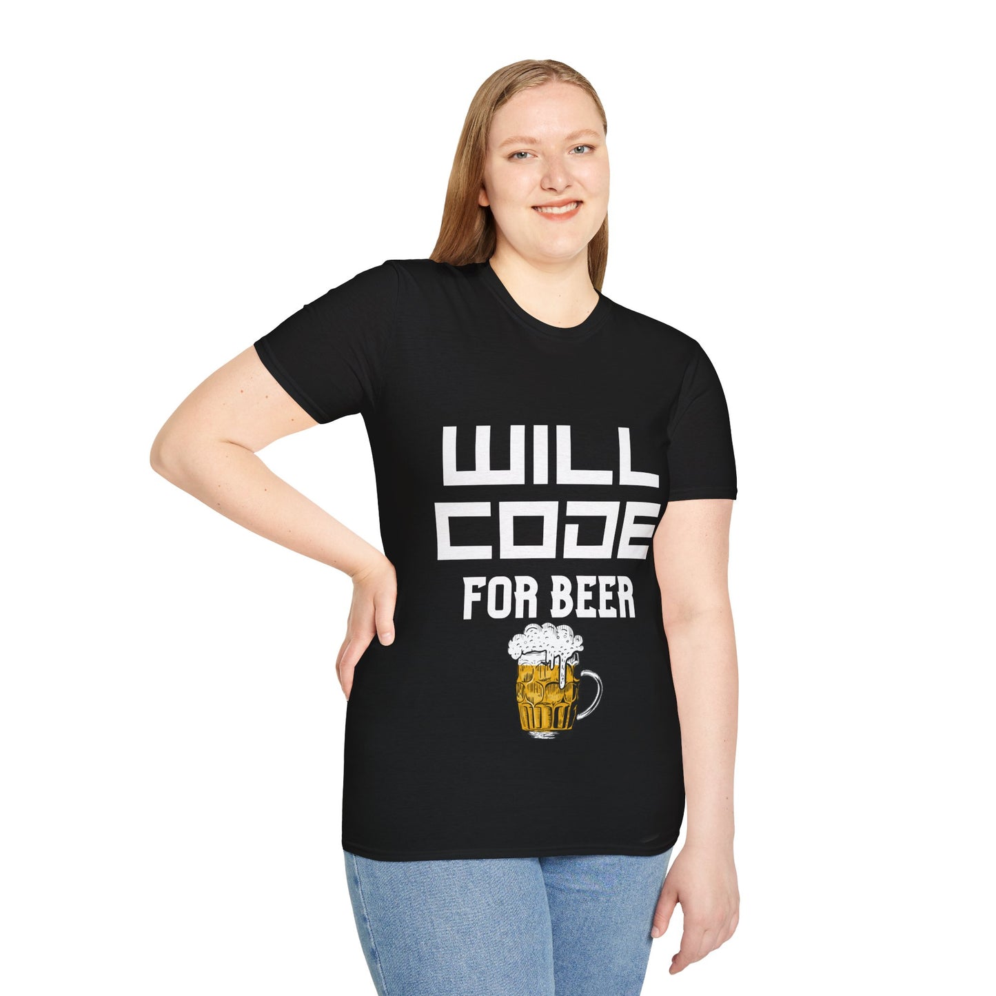 Funny Coding T-Shirt - "Will Code for Beer" - Unisex Softstyle Tee