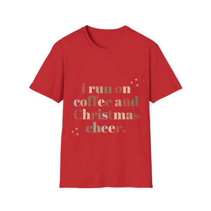 I Run on Coffee and Christmas Cheer Unisex Softstyle T-Shirt – Perfect Holiday Tee for Coffee Lovers & Christmas Enthusiasts