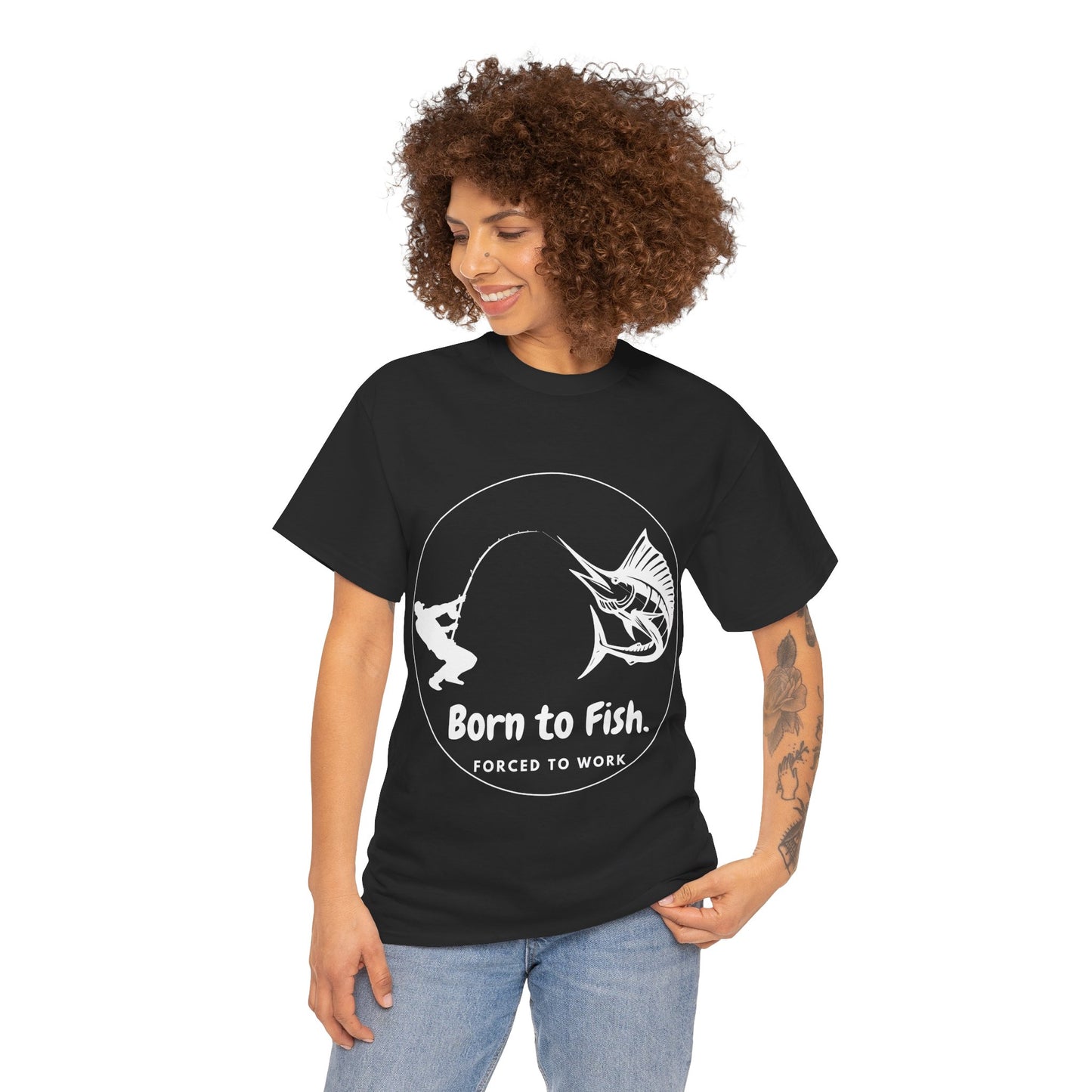 "Born to Fish, Forced to Work" Unisex Heavy Cotton Tee - Perfect for Fishing Enthusiasts