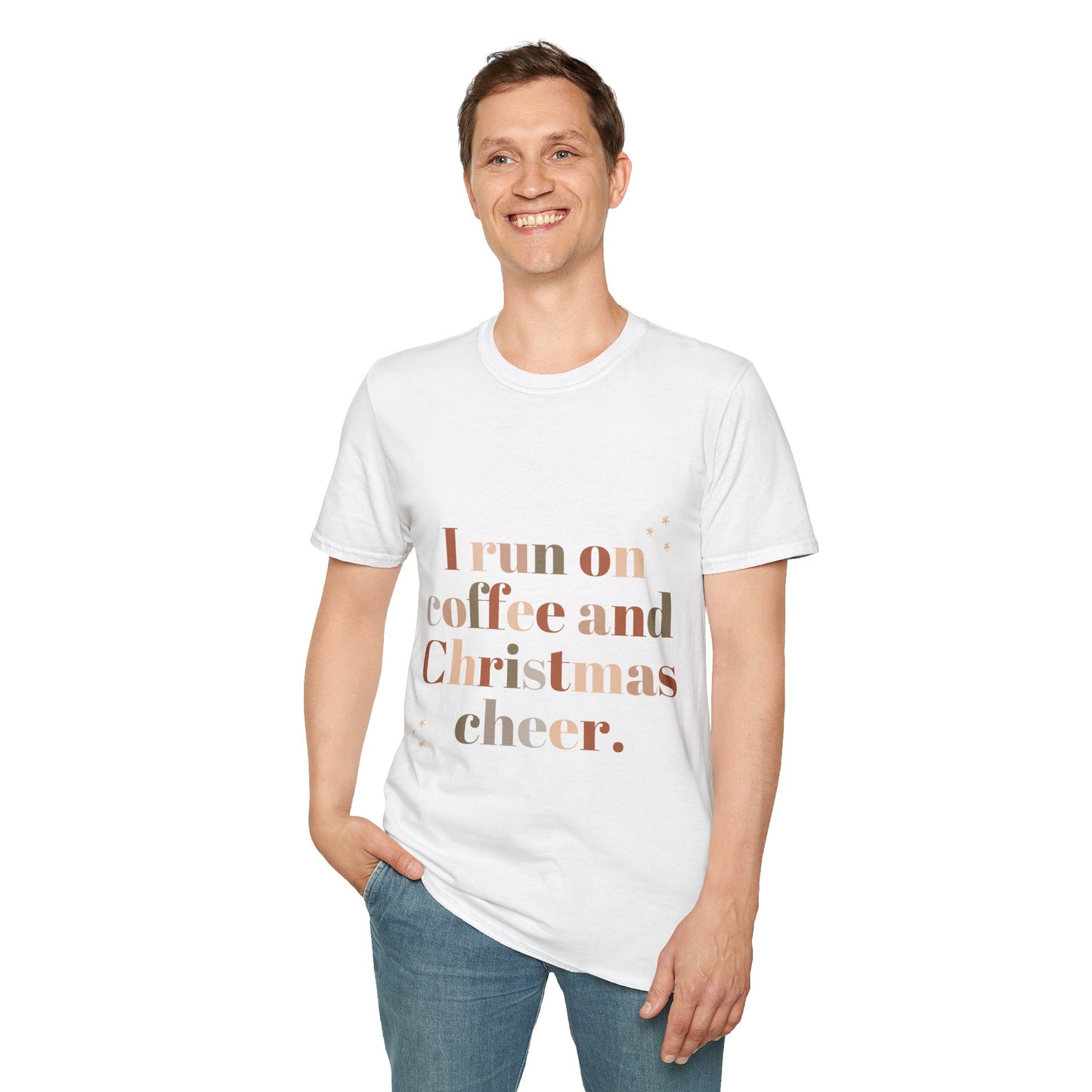 I Run on Coffee and Christmas Cheer Unisex Softstyle T-Shirt – Perfect Holiday Tee for Coffee Lovers & Christmas Enthusiasts