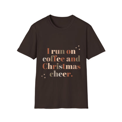 I Run on Coffee and Christmas Cheer Unisex Softstyle T-Shirt – Perfect Holiday Tee for Coffee Lovers & Christmas Enthusiasts