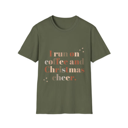 I Run on Coffee and Christmas Cheer Unisex Softstyle T-Shirt – Perfect Holiday Tee for Coffee Lovers & Christmas Enthusiasts